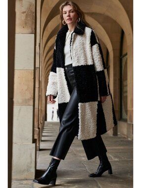 Jayley Checkered Black and White Faux Shearling Oversized Coat